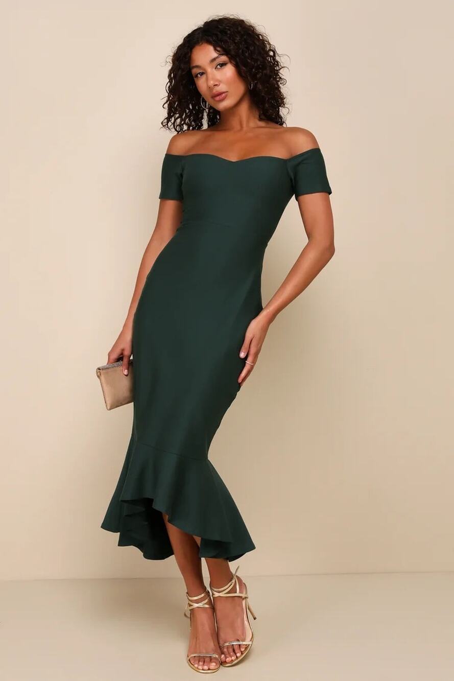 Lulus How Much I Care Dark Green Off-the-Shoulder Midi Dress Holiday Gala Small